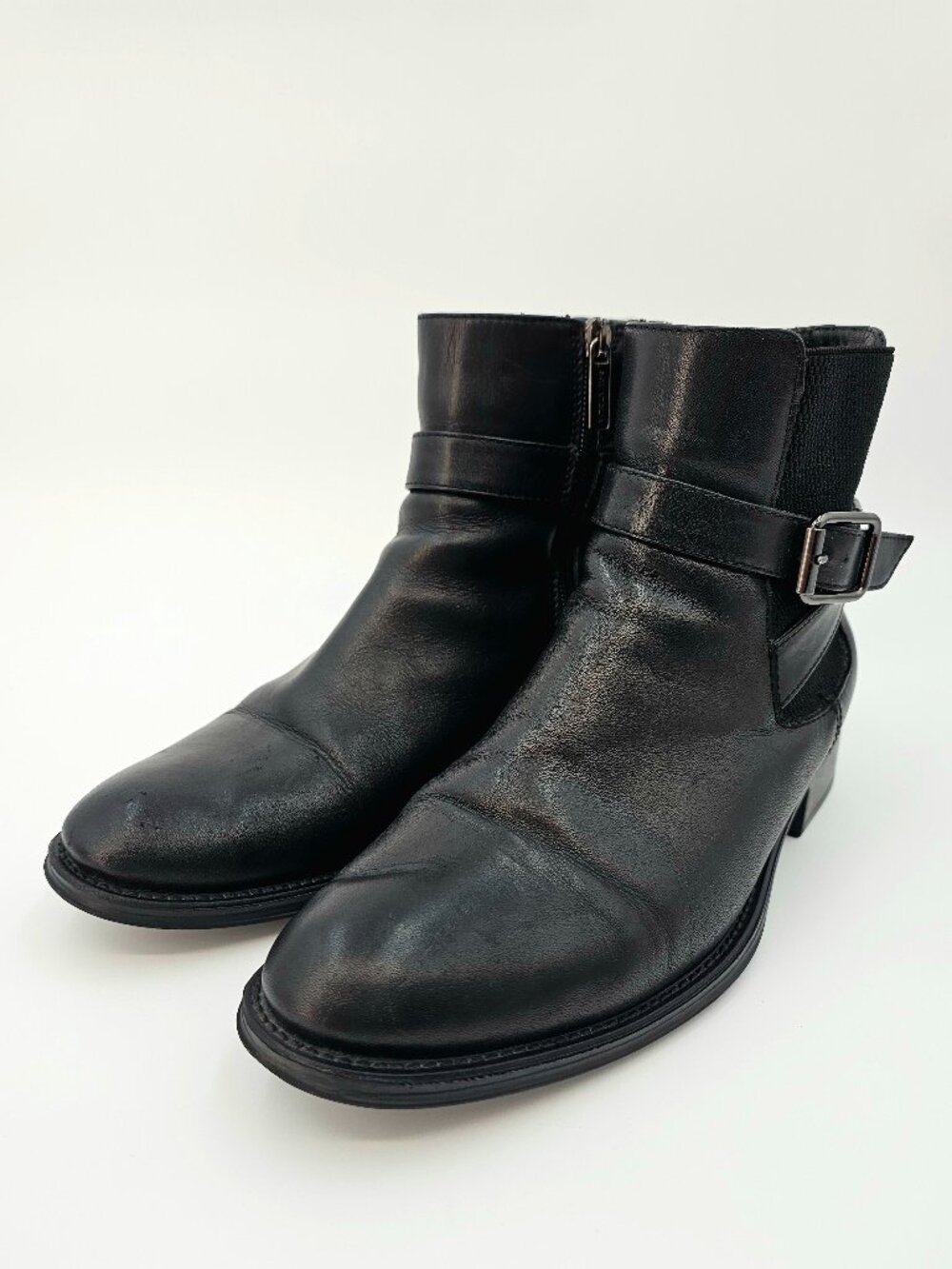 Aquatalia Chelsea Leather Ankle Side Zip Buckle Strap Black Boots Women's Size 8